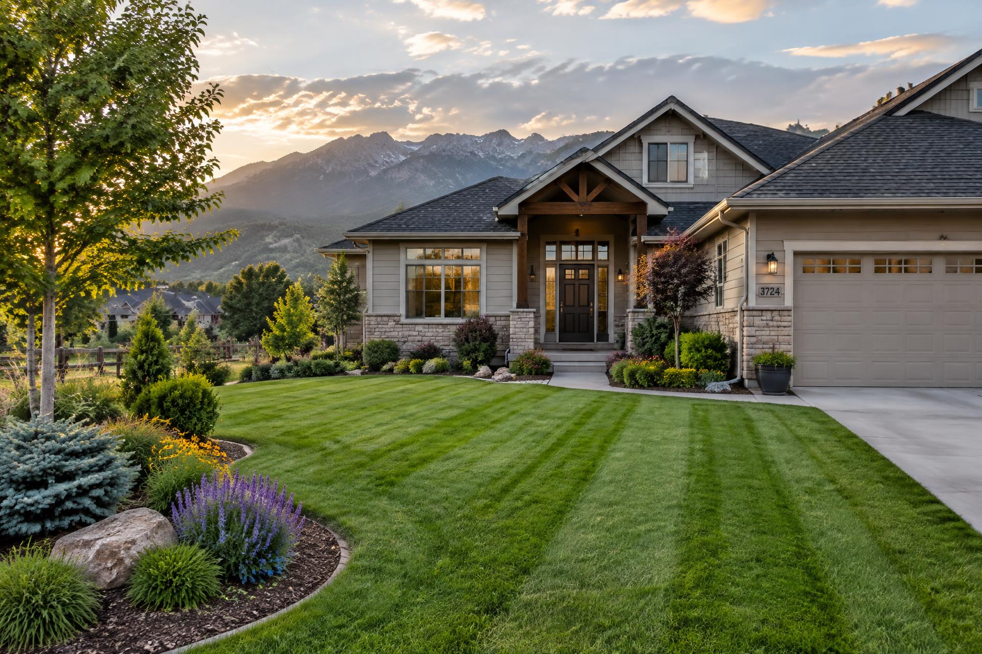 Freshly mowed residential lawn with clean stripes and edged beds in Boulder, CO